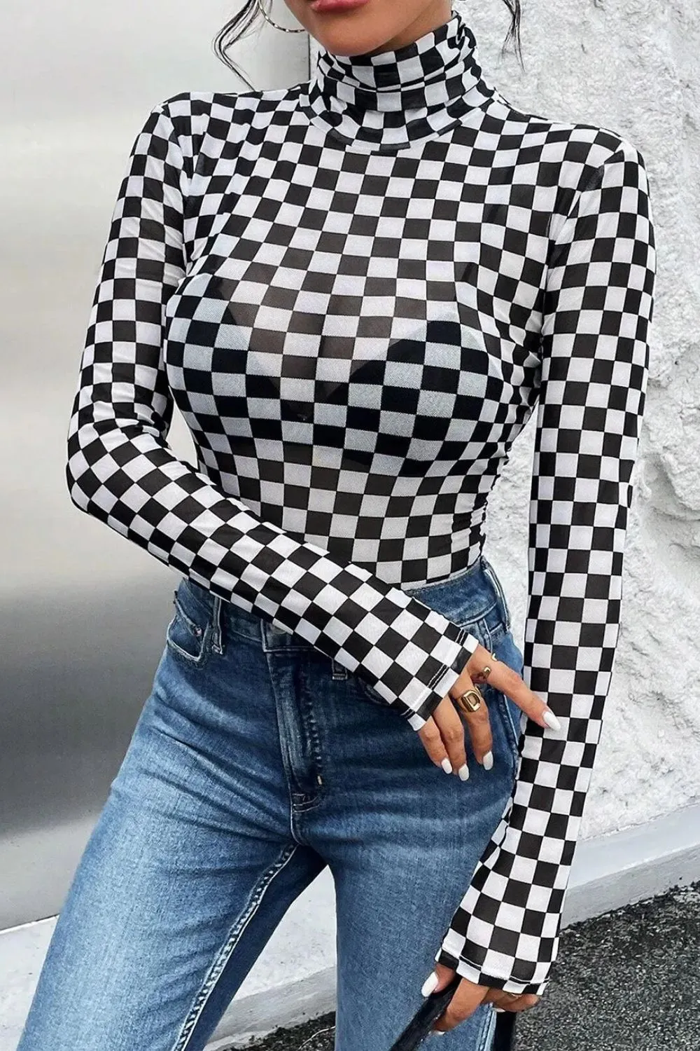Checkered Turtleneck Bodysuit
