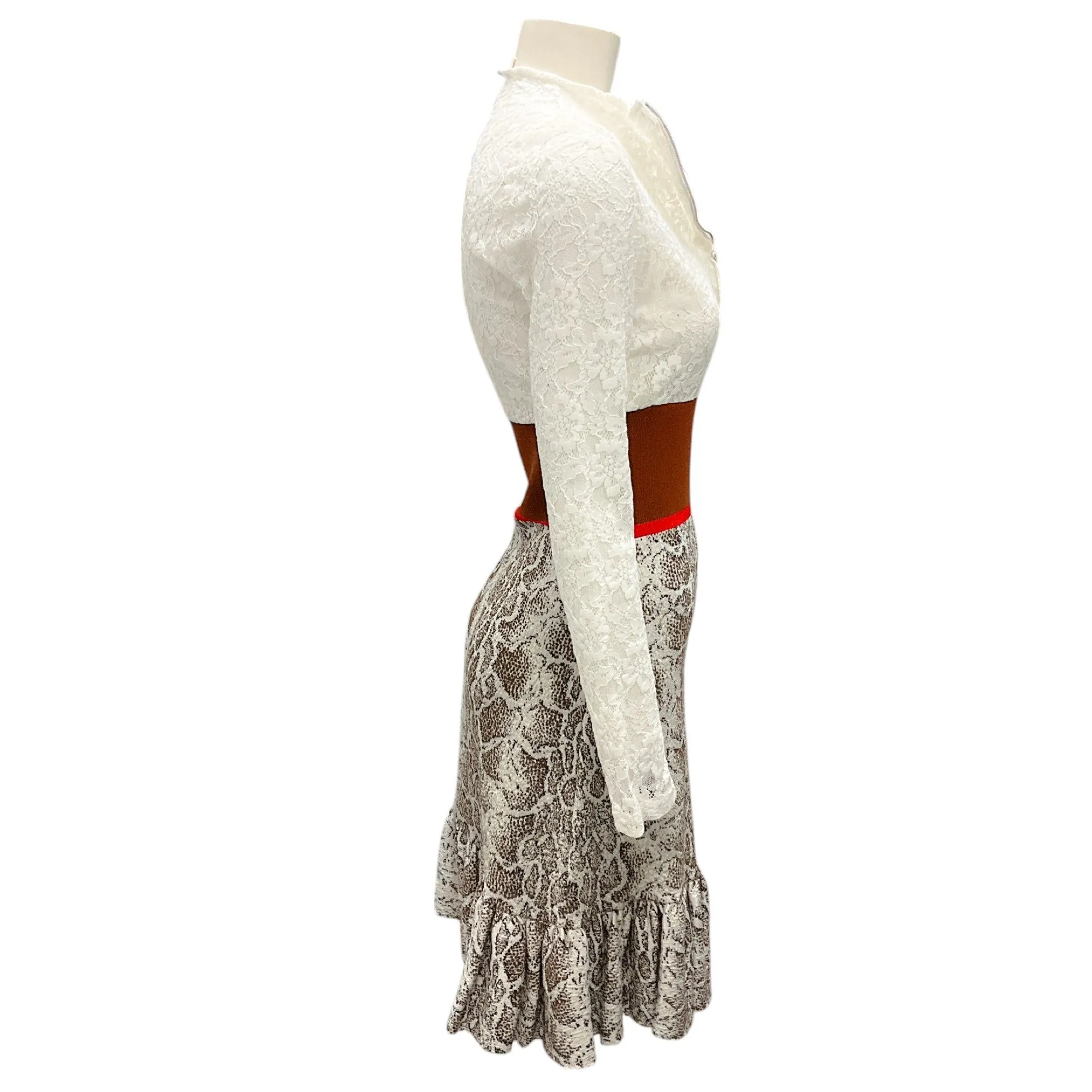 Chloe Multicolor Brown Python Jacquard Knit And Lace Long-sleeve Dress