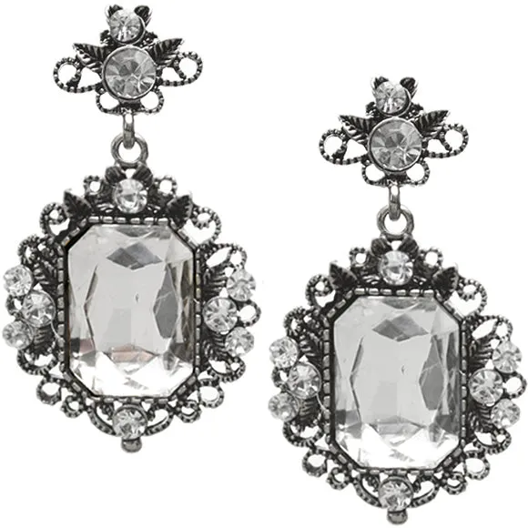Clear Silver Elegant Large Gemstone Post Earrings