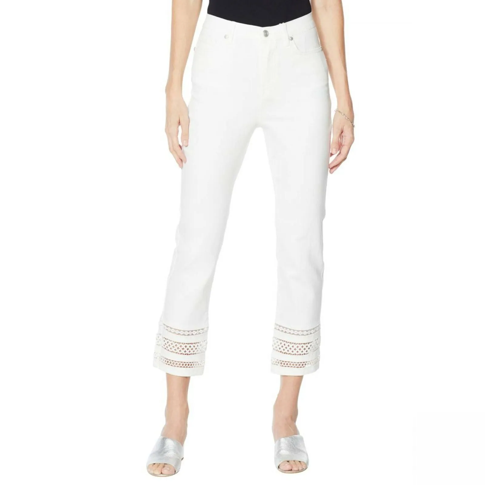 DG2 by Diane Gilman Crochet Hem Cropped Jeans Ivory 2 Tall