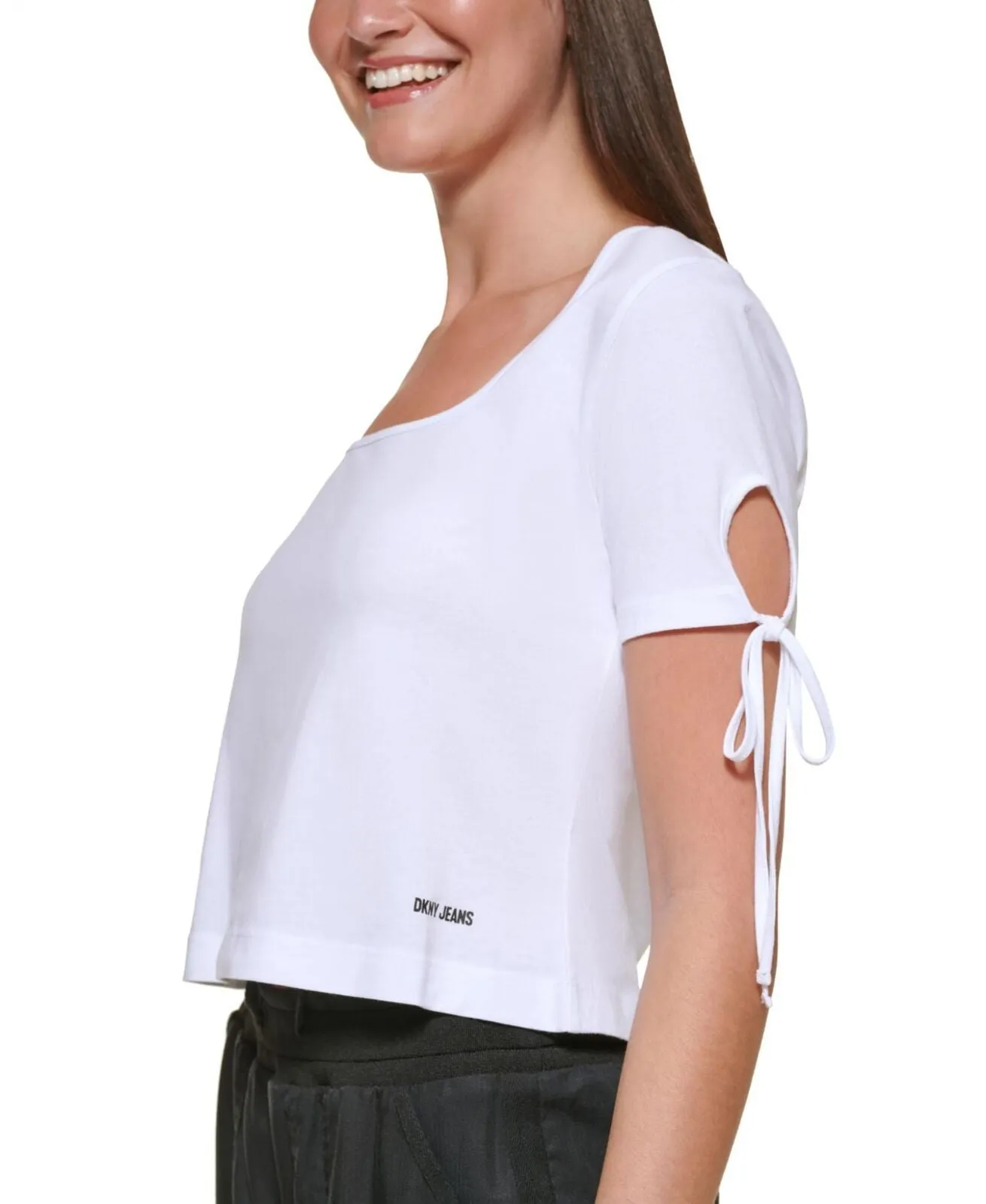 Dkny Jeans Women's Cropped Tied-Sleeve T-Shirt E22F8HIG White XL
