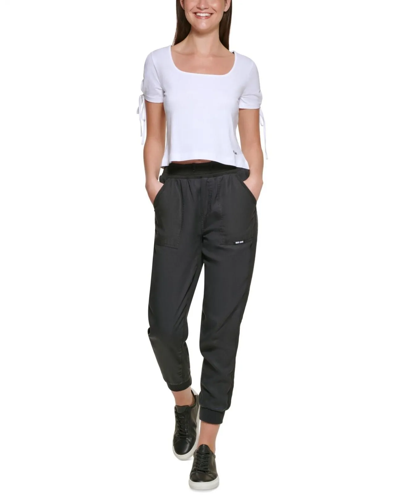 Dkny Jeans Women's Cropped Tied-Sleeve T-Shirt E22F8HIG White XL