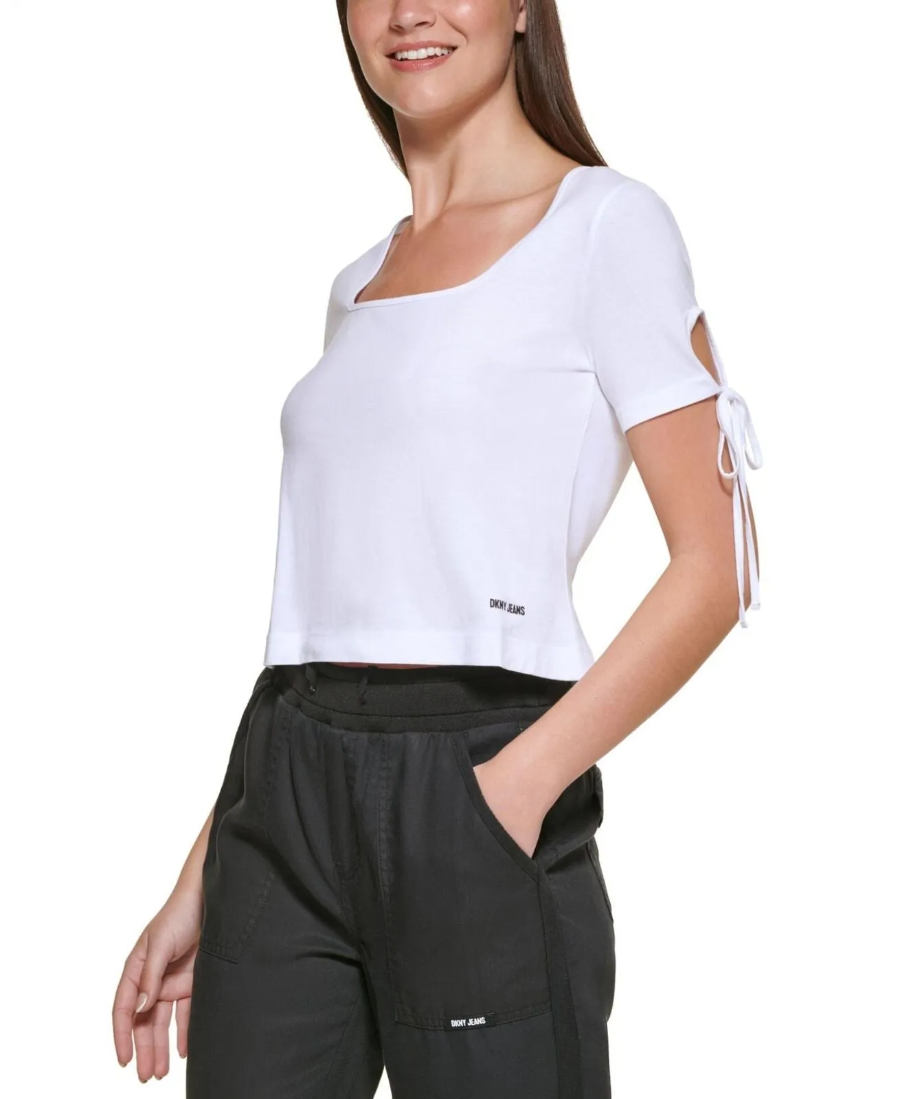 Dkny Jeans Women's Cropped Tied-Sleeve T-Shirt E22F8HIG White XL