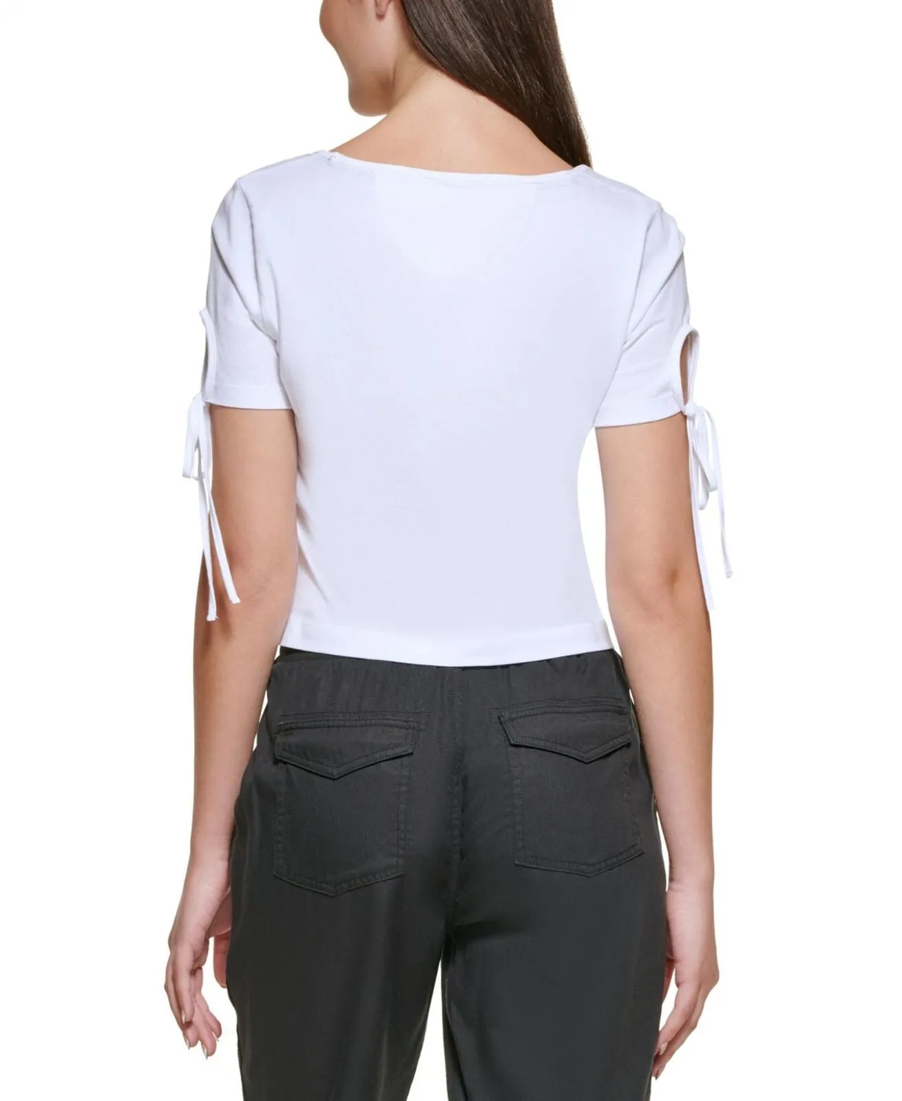 Dkny Jeans Women's Cropped Tied-Sleeve T-Shirt E22F8HIG White XL