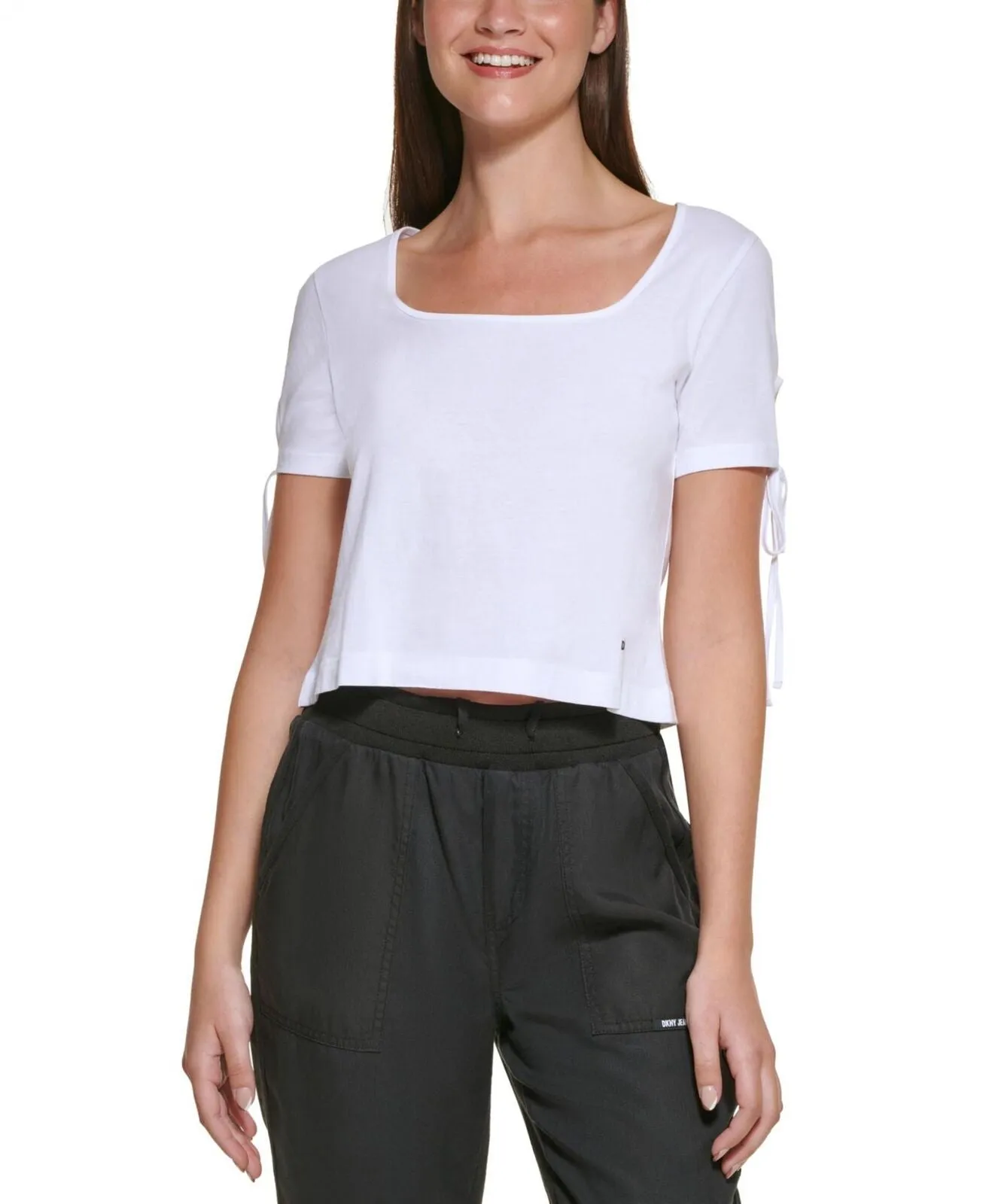Dkny Jeans Women's Cropped Tied-Sleeve T-Shirt E22F8HIG White XL