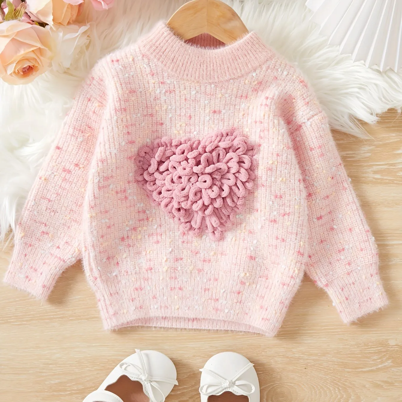 Elegant 3D Cute Heart Design Girls Casual Crew Neck Pullover Knitted Sweaters, Kids Clothes For Fall/Winter
