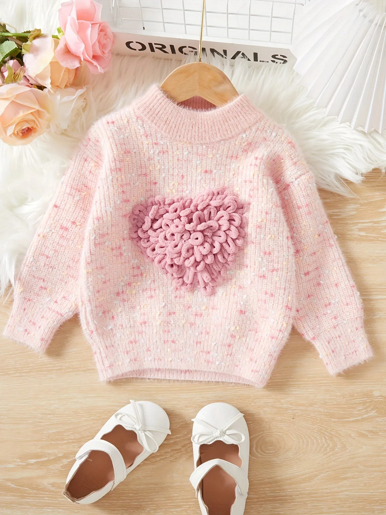 Elegant 3D Cute Heart Design Girls Casual Crew Neck Pullover Knitted Sweaters, Kids Clothes For Fall/Winter