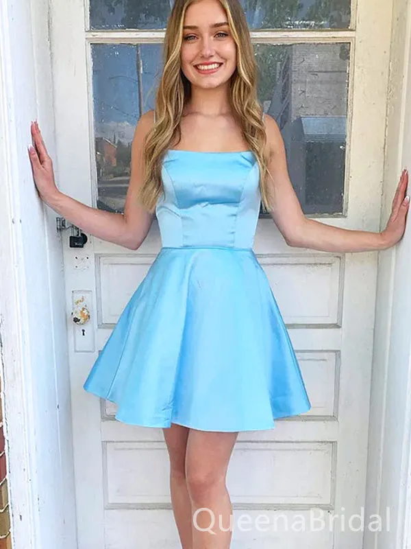 Elegant Blue Spaghetti Straps Cheap Simple Short Homecoming Dresses,QB0388