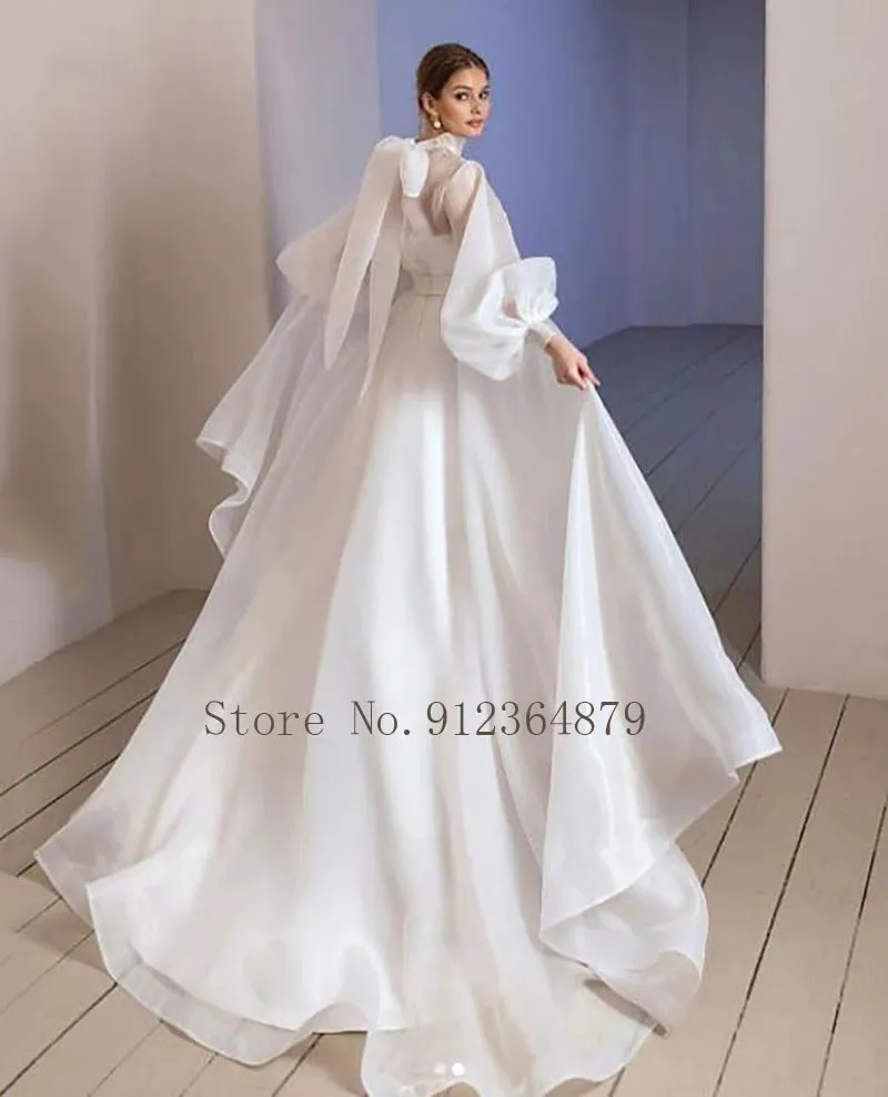 Elegant Halter Neck Organza Wedding Dresses Puff Sleeve Bride Gown Simple And Clean Vestido De Novia