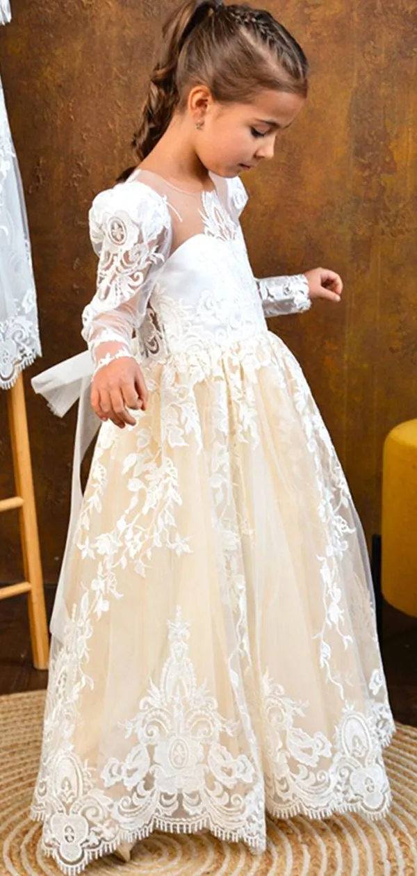 Elegant Light Yellow Tulle Lace Appliques A-Line Cheap Simple Long Flower Girl Dresses, FGS0046