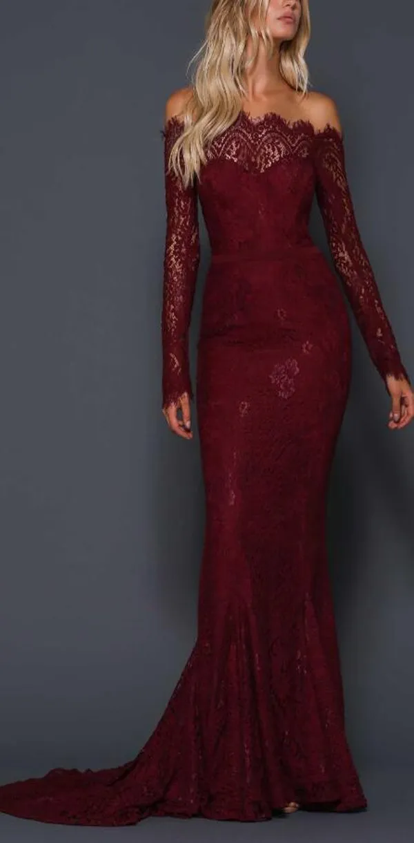 Elegant Mermaid Off-the-Shoulder Burgundy Lace Long Sleeves Prom Party Dresses, PD0867