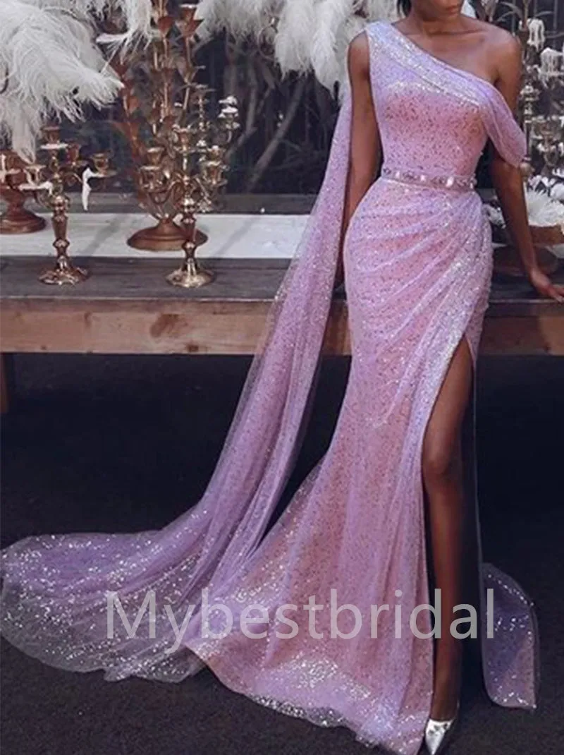 Elegant One-shoulder Side slit Mermaid Prom Dresses, PDS0498