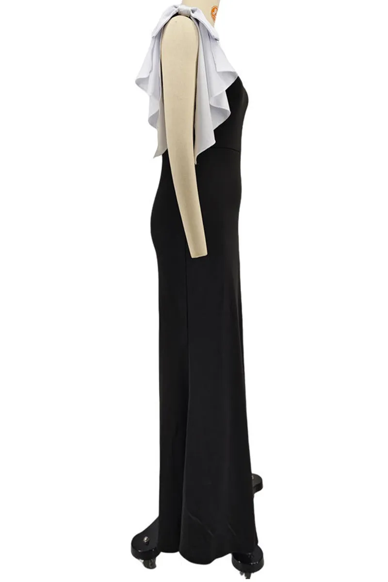 Elegant Patchwork Contrast Oblique Collar Long Dresses