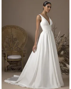Elegant Satin Wedding Dresses V-Neckline A-line Bridal Wedding Gowns Open Back