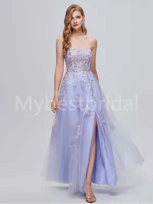 Elegant Spaghetti straps Side slit A-line Prom Dresses, PDS0510