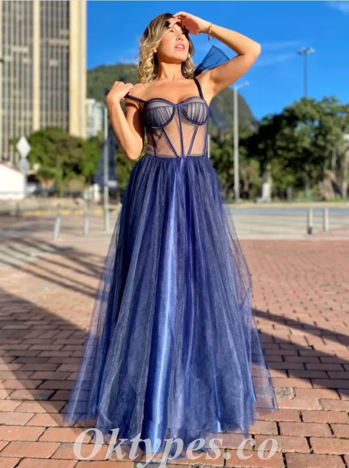 Elegant Tulle Spaghetti Straps Sleeveless A-Line Long Prom Dresses ,PDS0694
