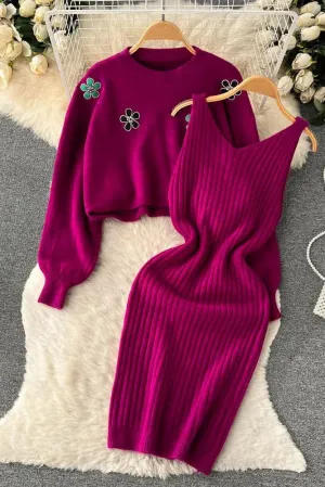 Elegant Two Piece Flower Embroidery Pullover Sweaters   Knitted Mini Dress Suits