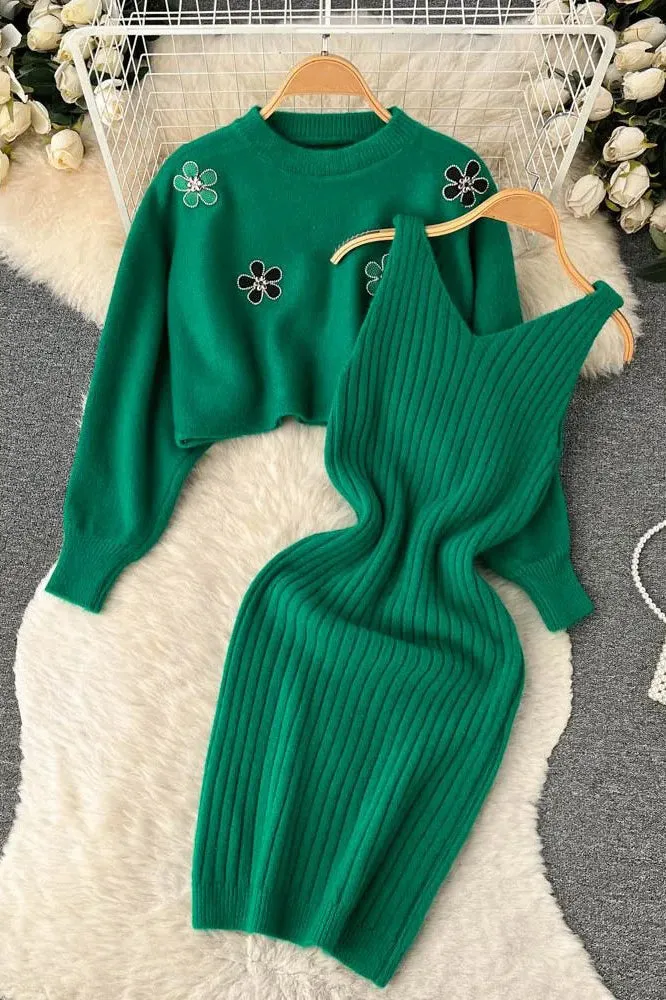 Elegant Two Piece Flower Embroidery Pullover Sweaters   Knitted Mini Dress Suits