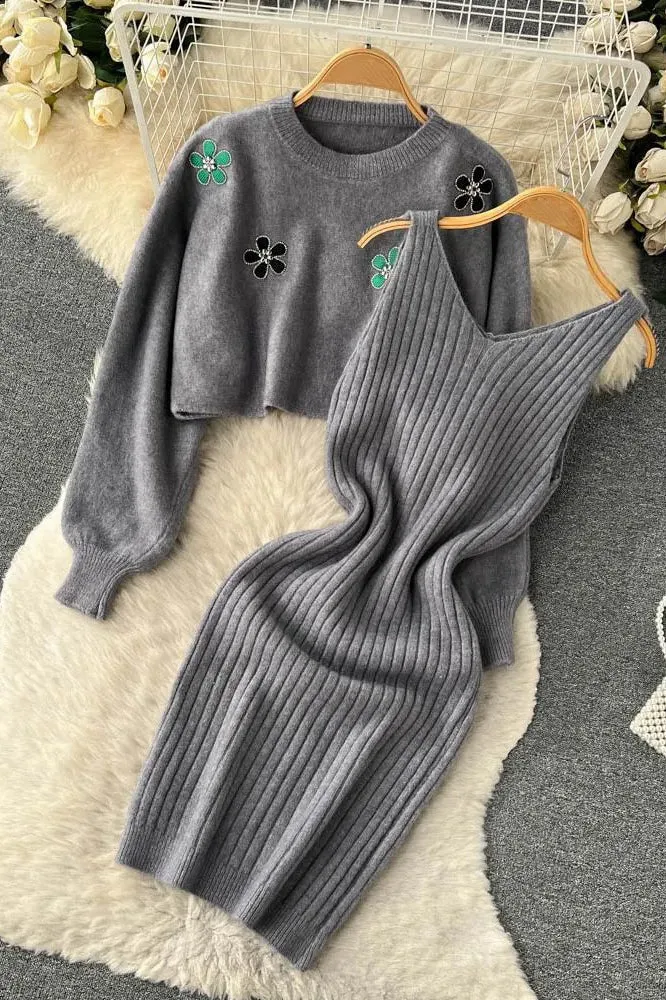 Elegant Two Piece Flower Embroidery Pullover Sweaters   Knitted Mini Dress Suits