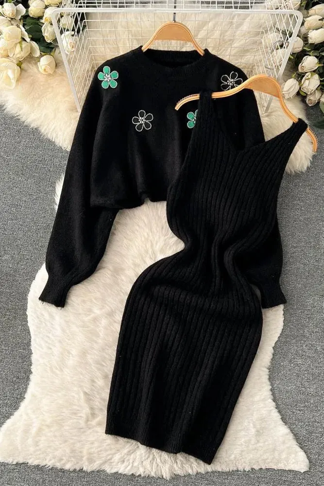 Elegant Two Piece Flower Embroidery Pullover Sweaters   Knitted Mini Dress Suits