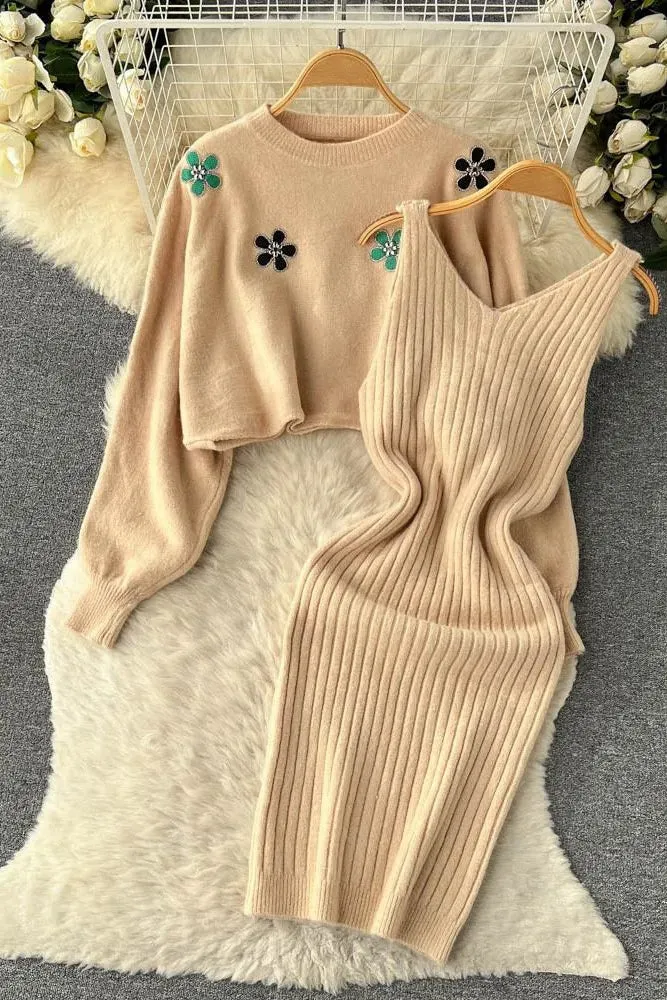 Elegant Two Piece Flower Embroidery Pullover Sweaters   Knitted Mini Dress Suits