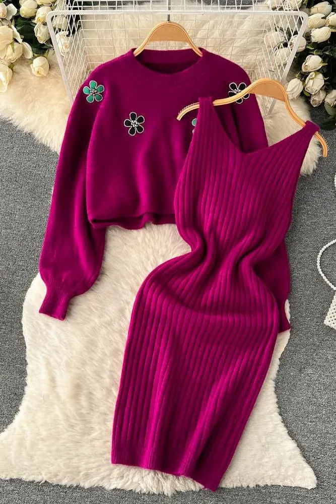 Elegant Two Piece Flower Embroidery Pullover Sweaters   Knitted Mini Dress Suits