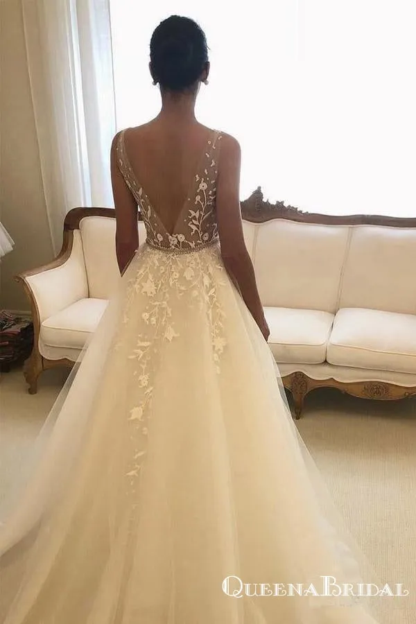 Elegant V-neck Lace A-line Long Cheap Wedding Dresses, WDS0034