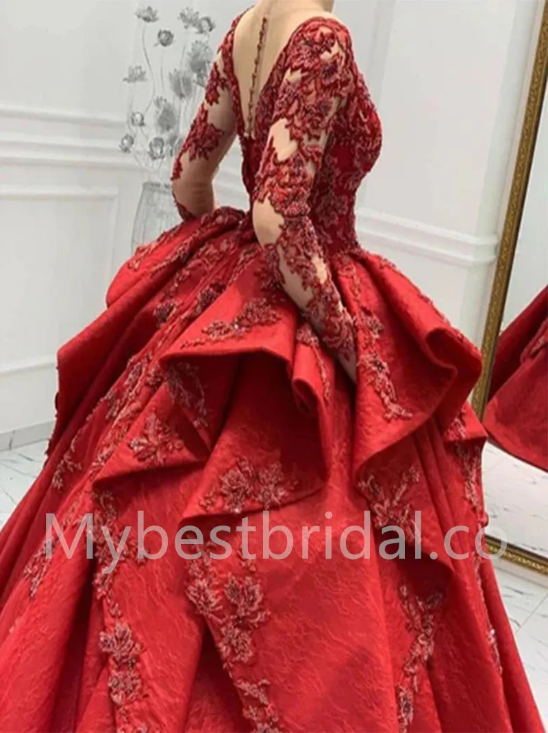 Elegant V-neck Long sleeves Ball gown Prom Dresses, PDS0536