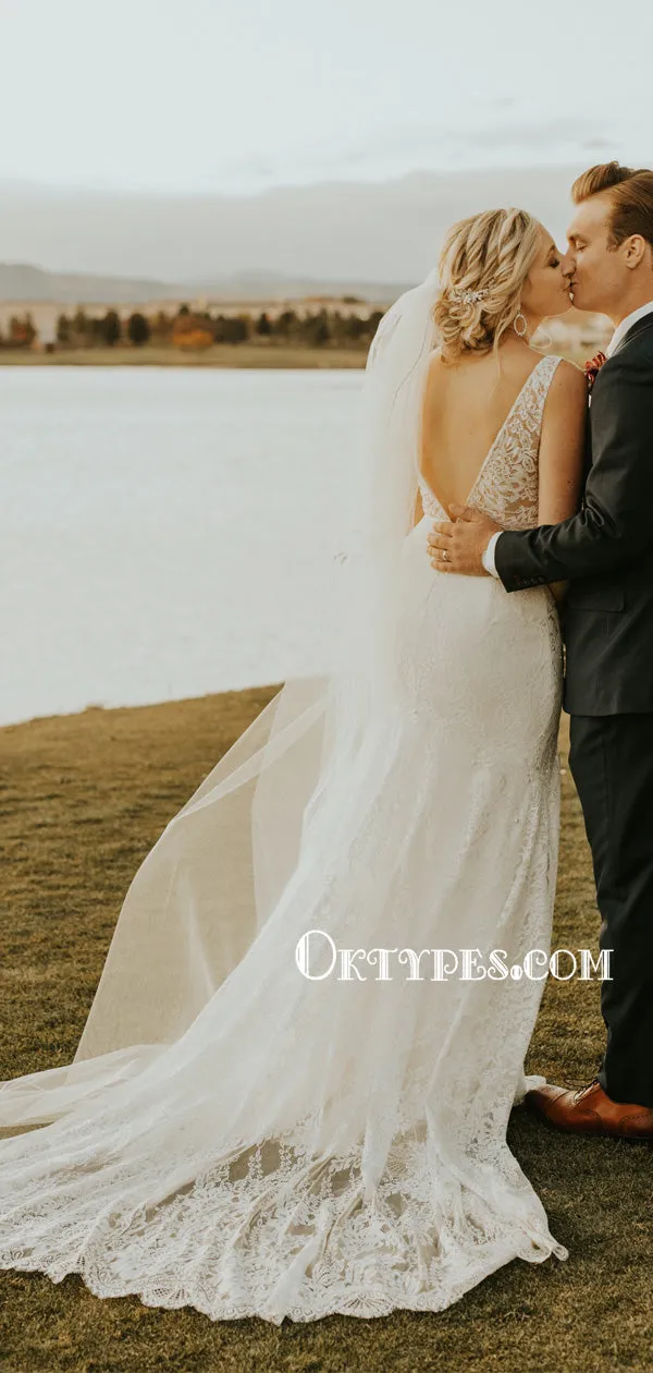 Elegant V-neck Mermaid Sleeveless Lace Open Back Wedding Dresses, WDS0085