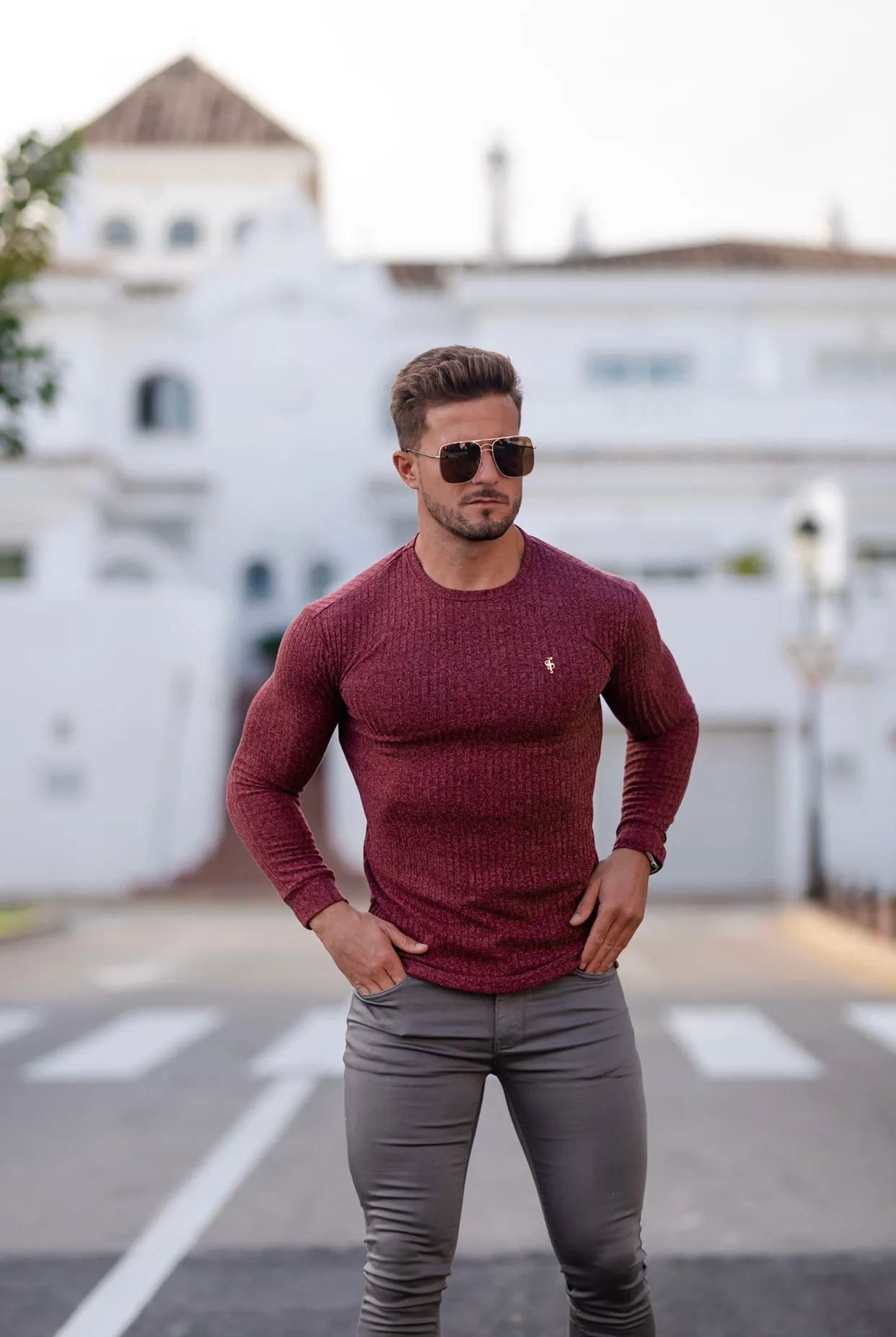 Father Sons Classic Claret Ribbed Knit Jumper With Gold Metal Emblem - FSH538
