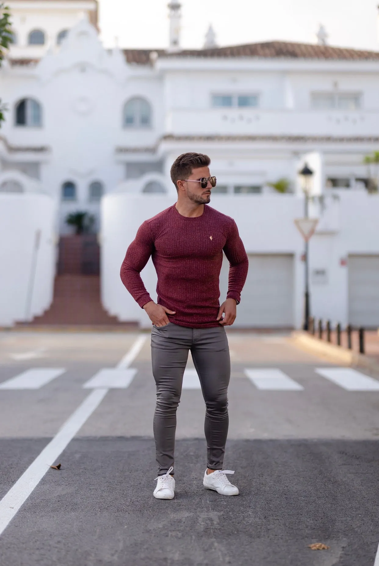 Father Sons Classic Claret Ribbed Knit Jumper With Gold Metal Emblem - FSH538