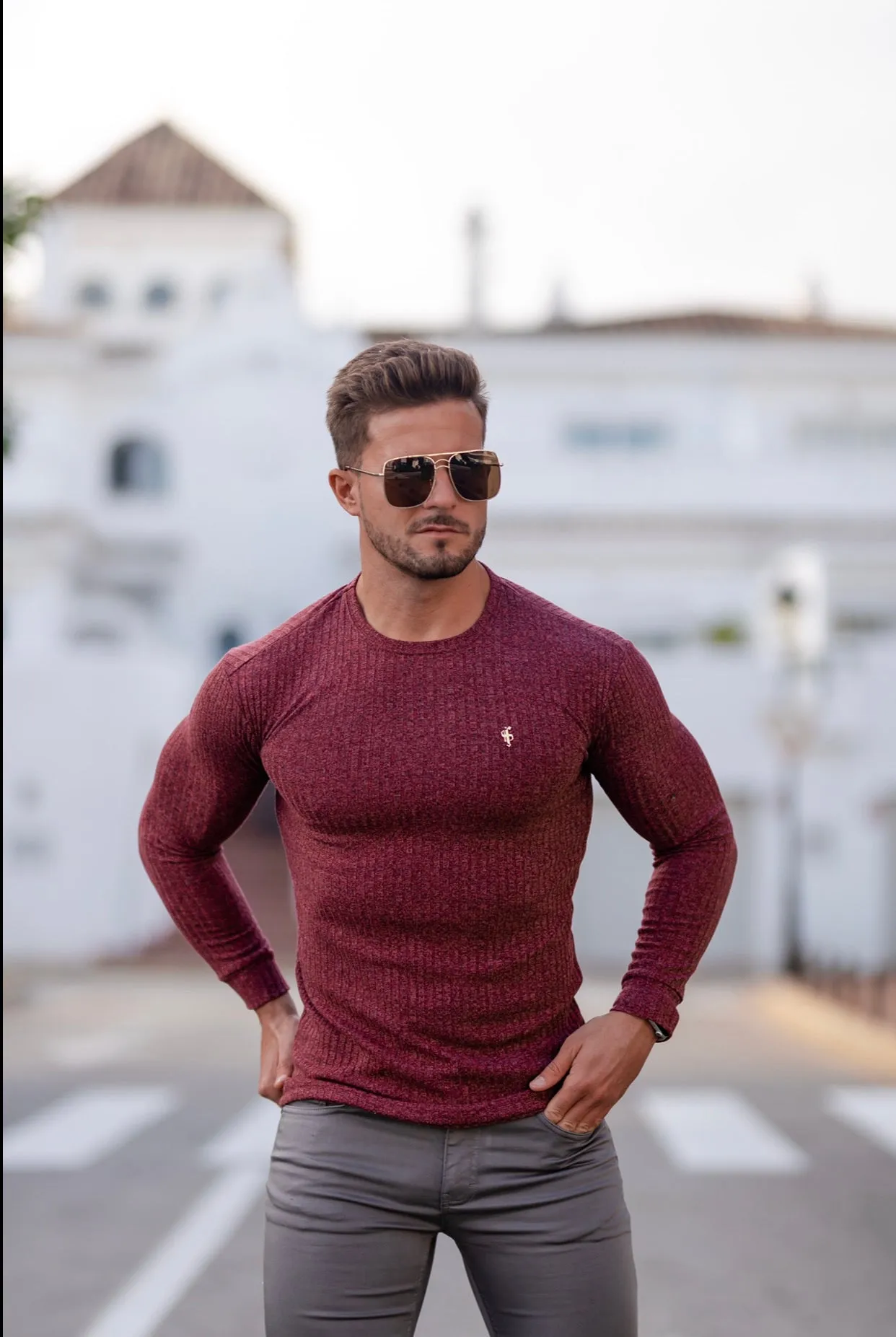 Father Sons Classic Claret Ribbed Knit Jumper With Gold Metal Emblem - FSH538
