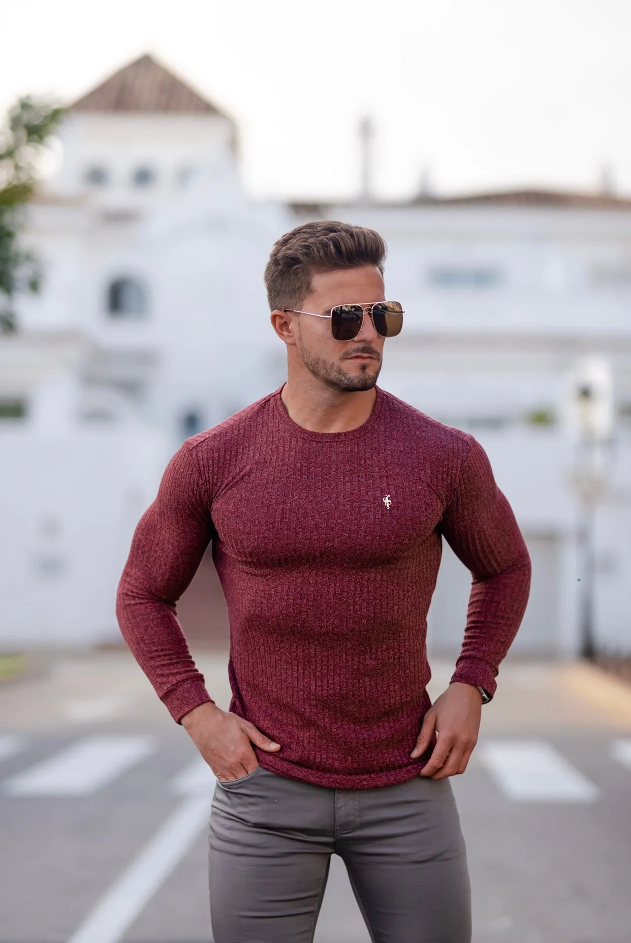 Father Sons Classic Claret Ribbed Knit Jumper With Gold Metal Emblem - FSH538
