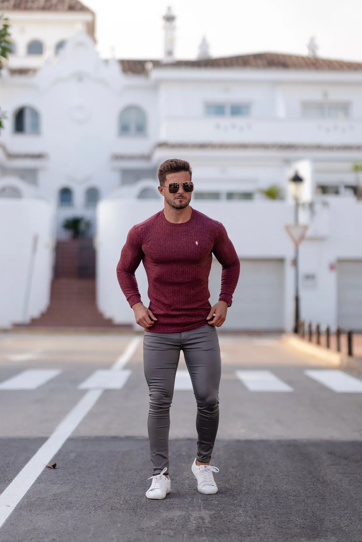 Father Sons Classic Claret Ribbed Knit Jumper With Gold Metal Emblem - FSH538