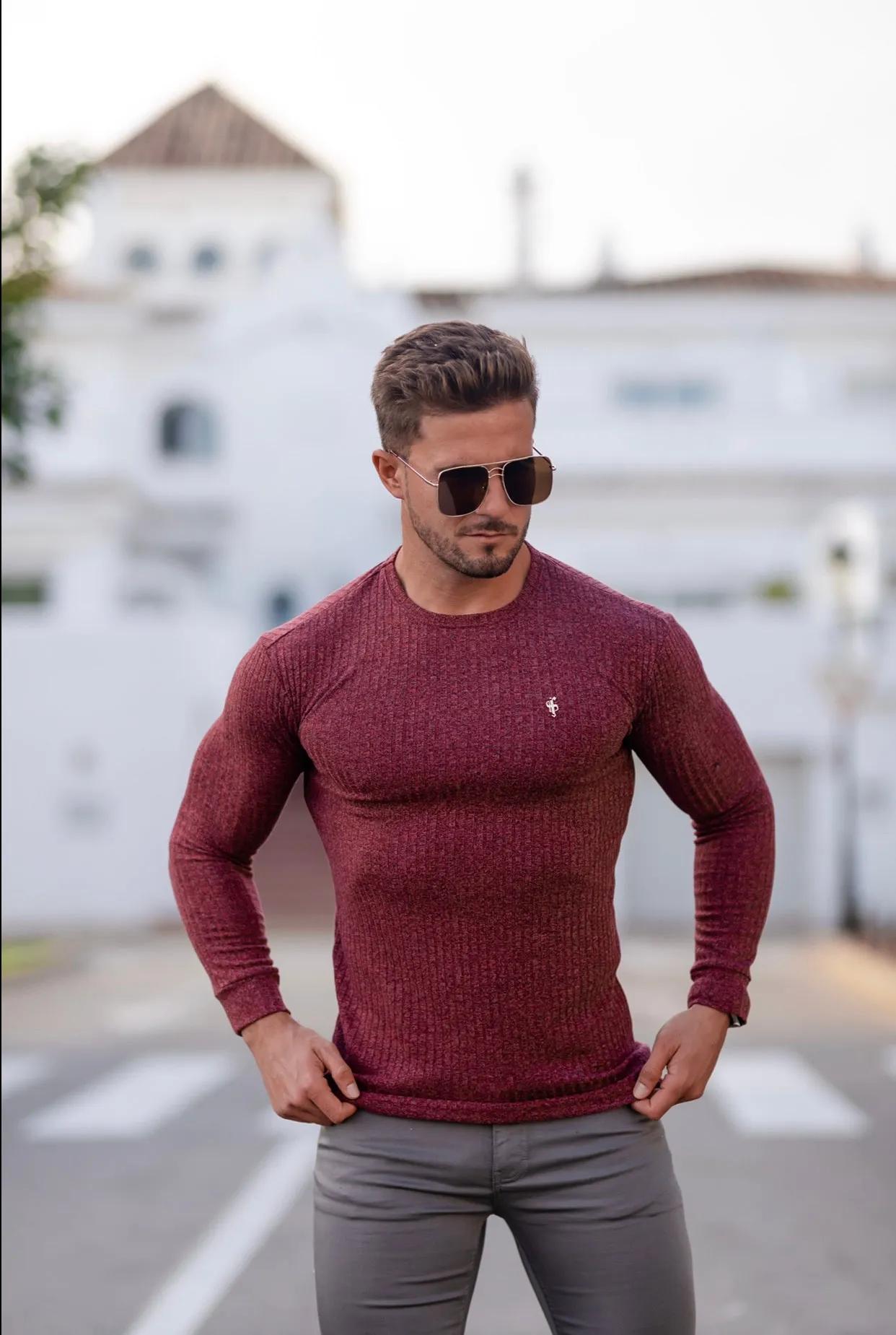 Father Sons Classic Claret Ribbed Knit Jumper With Gold Metal Emblem - FSH538