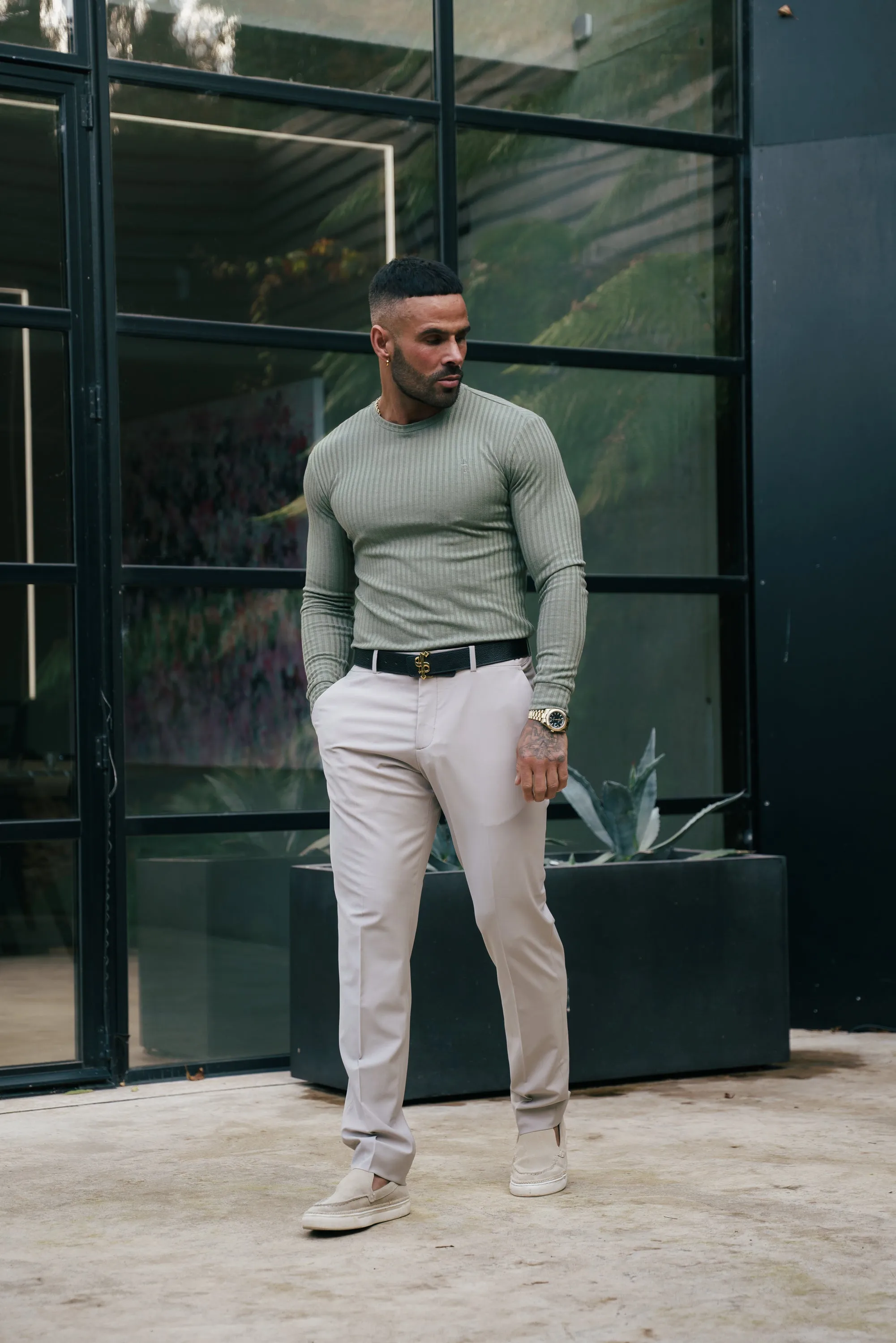 Father Sons Classic Olive Ribbed Knit Jumper With Tonal Embroidery - FSH1285