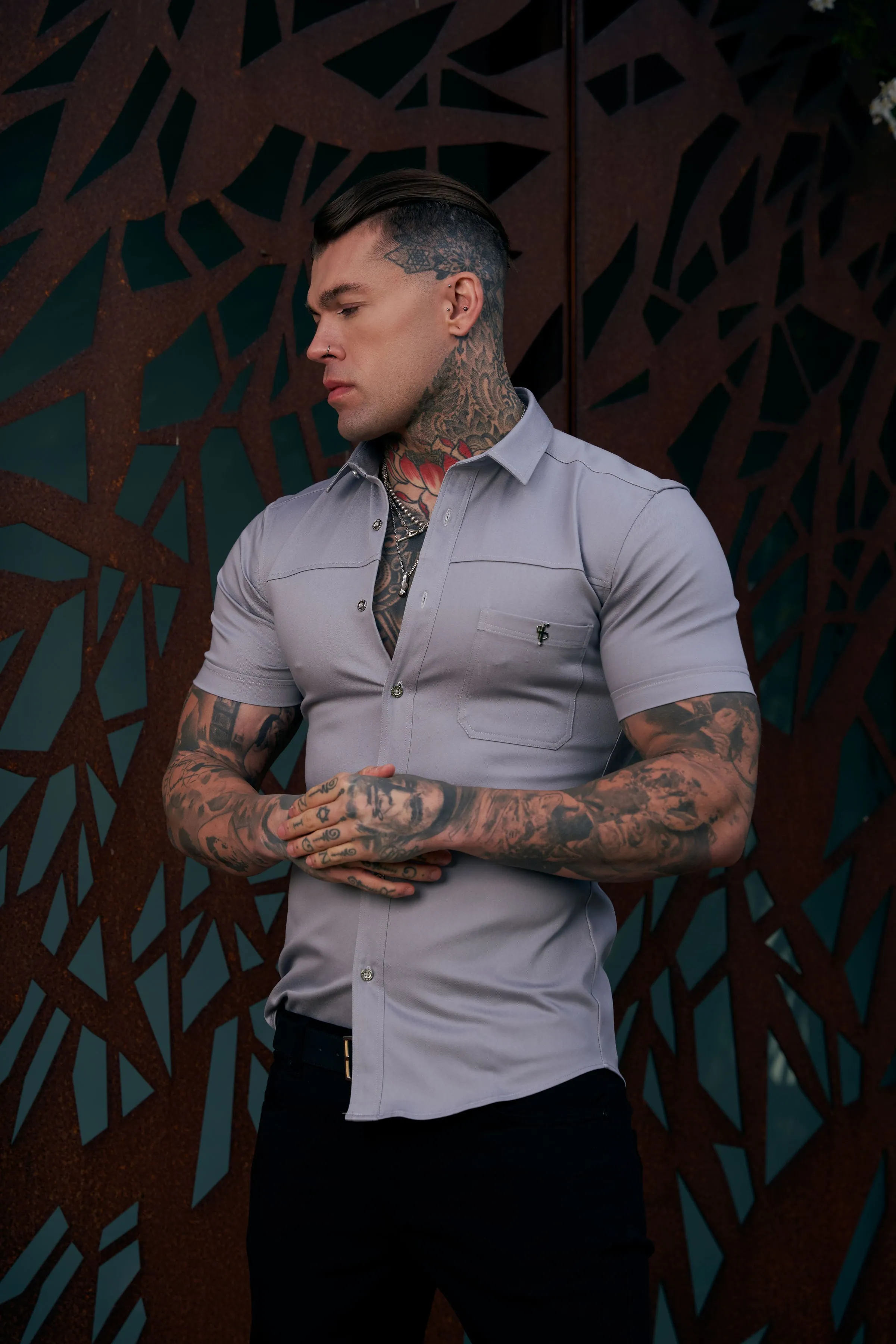 Father Sons Super Slim Stretch Grey Denim Short Sleeve with Horizontal Seam and Pocket- FS960