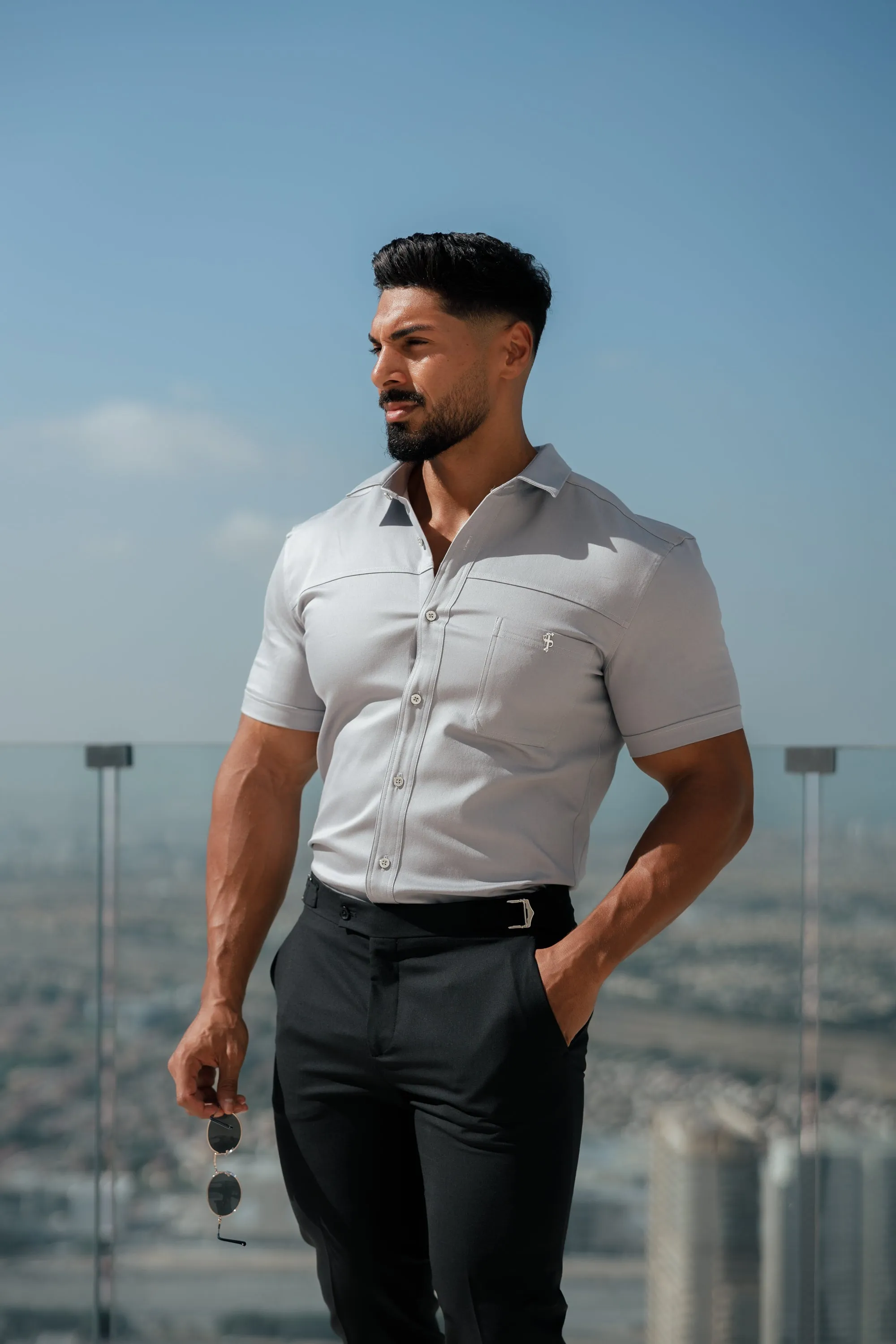 Father Sons Super Slim Stretch Grey Denim Short Sleeve with Horizontal Seam and Pocket- FS960