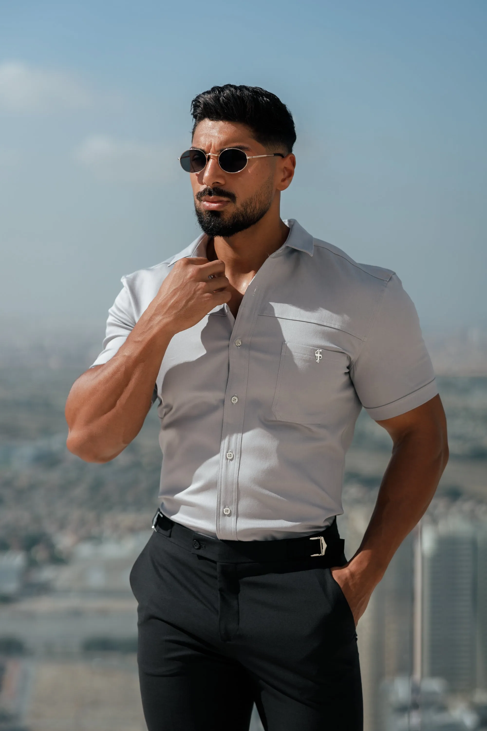 Father Sons Super Slim Stretch Grey Denim Short Sleeve with Horizontal Seam and Pocket- FS960