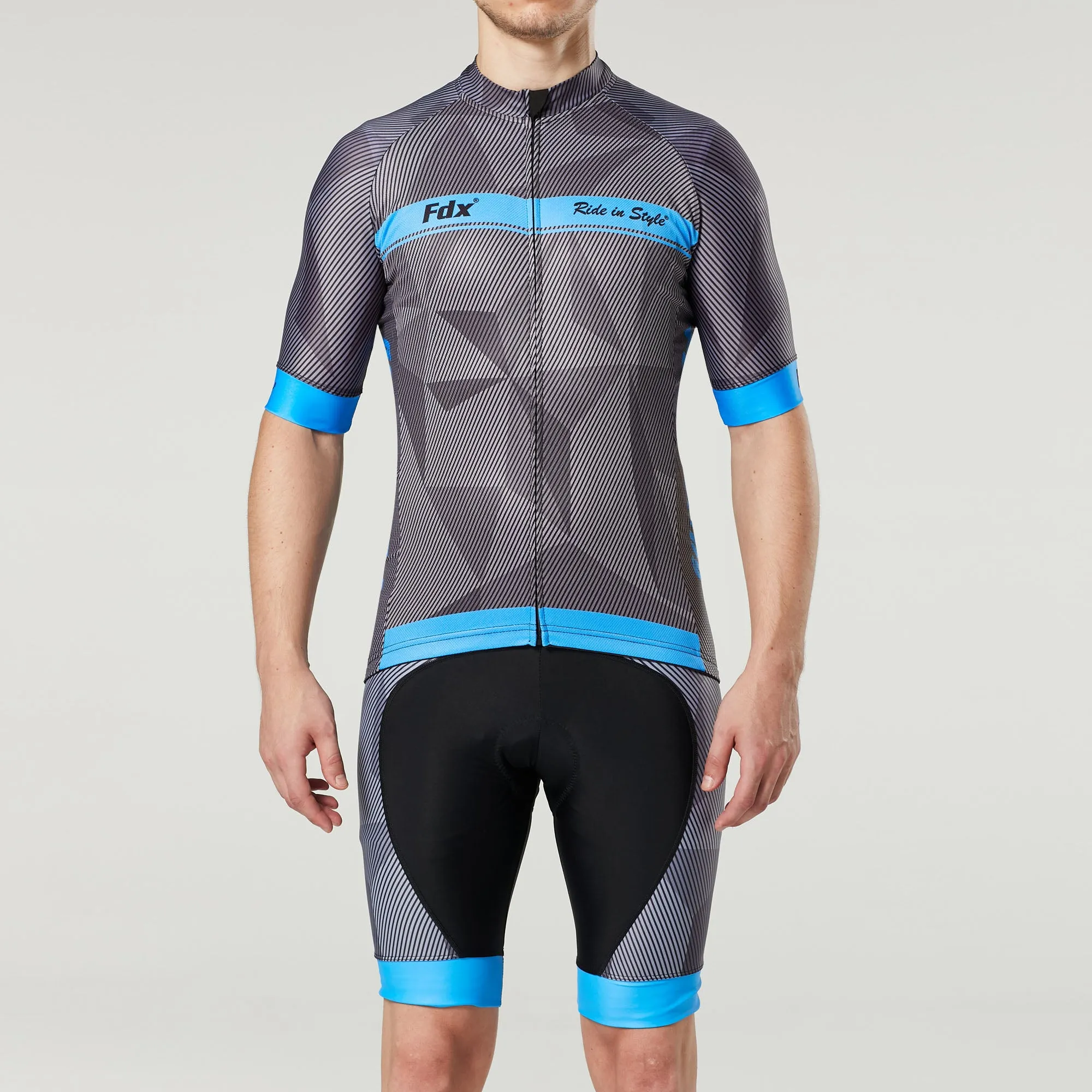 Fdx Men's & Boy's Set Splinter Blue Short Sleeve Summer Cycling Jersey & Bib Shorts
