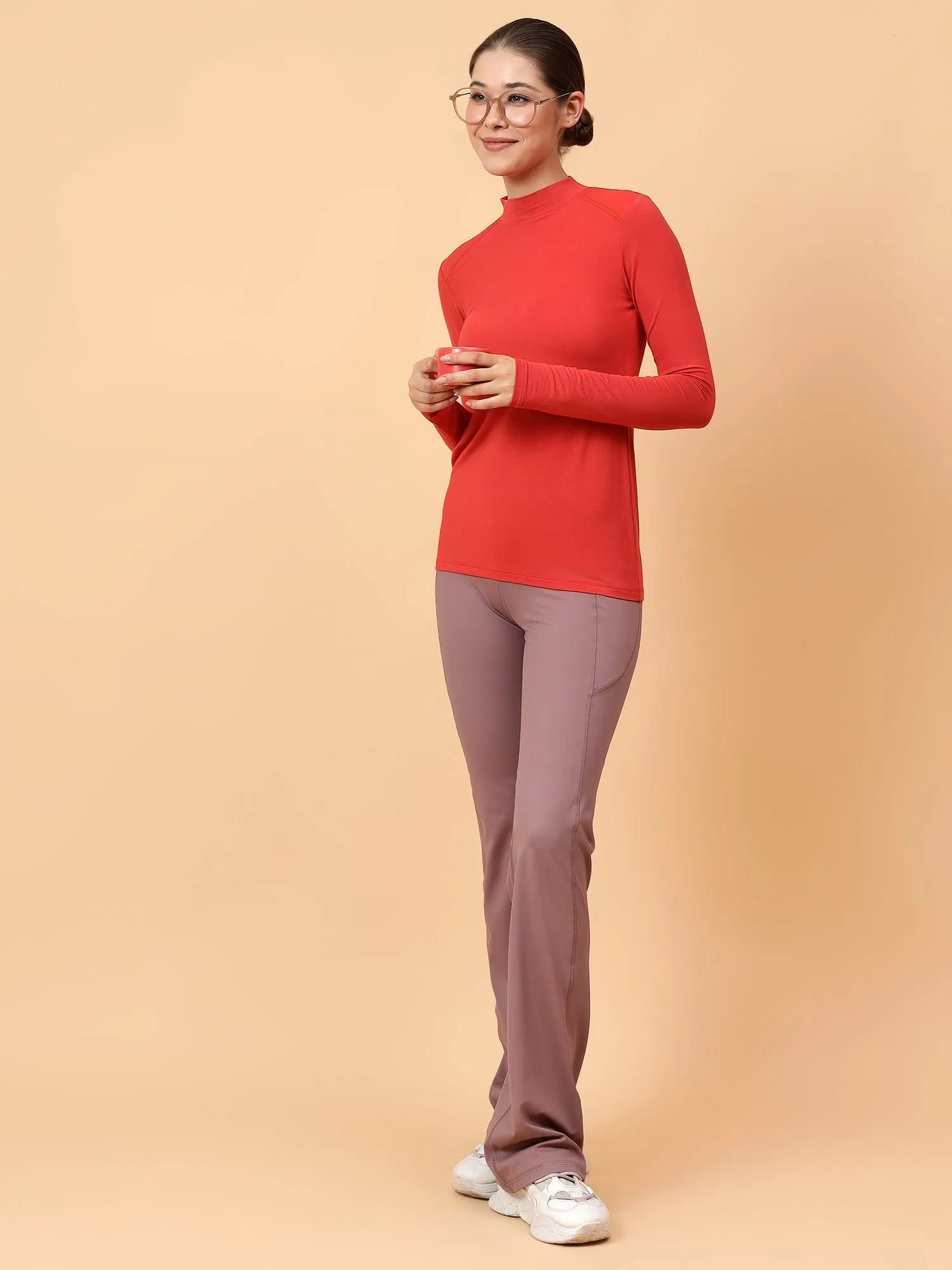 Fitkin Women Rust Shoulder Net Panel Tshirt