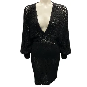 Frederick Anderson Collection Black Long Sleeved V-Neck Cotton Knit Dress