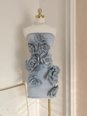 French Elegant Solid 3D Appliques Flower Patchwork Slimming Dress