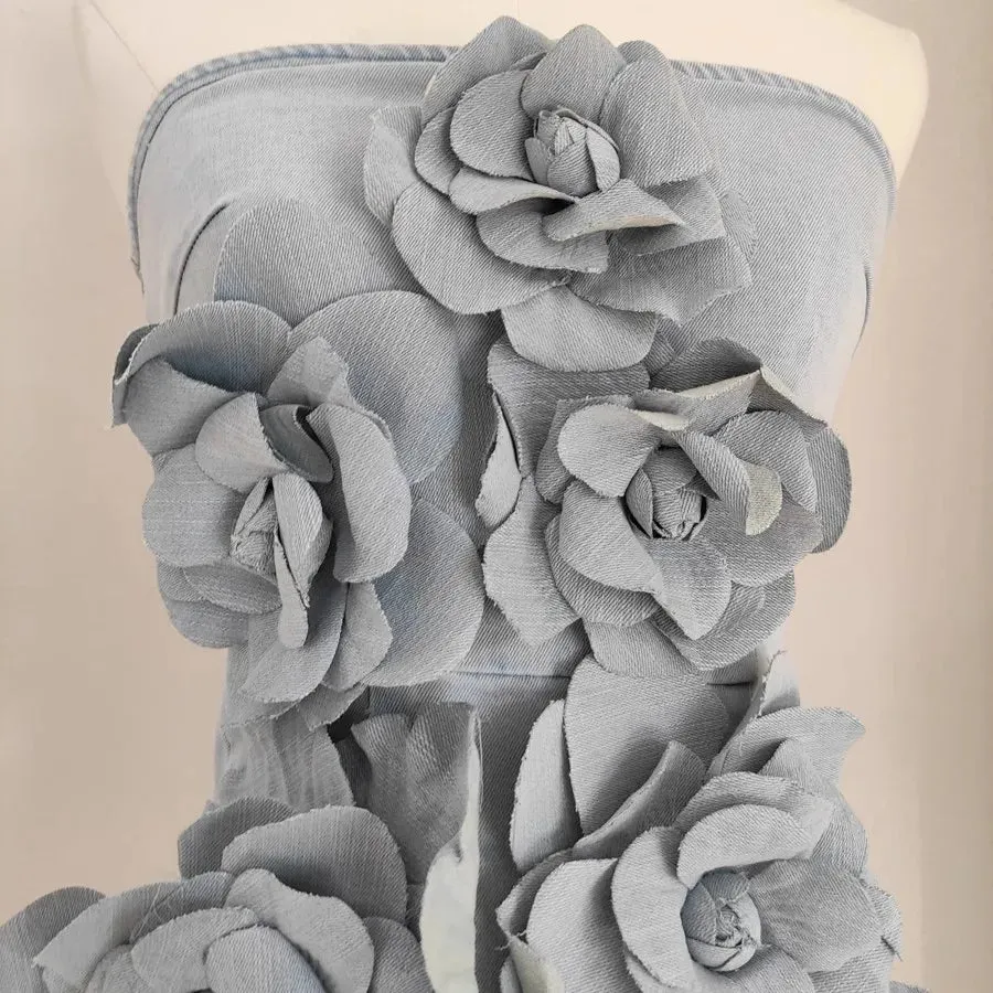 French Elegant Solid 3D Appliques Flower Patchwork Slimming Dress