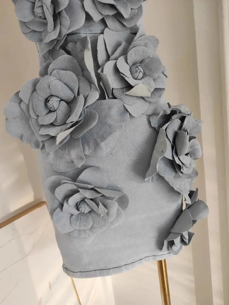 French Elegant Solid 3D Appliques Flower Patchwork Slimming Dress