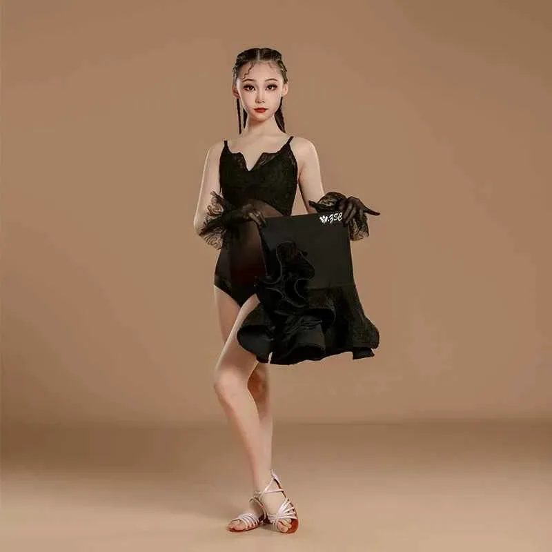 Girls Latin Dance Dresses Black Purple Asymmetrical Skirts Salsa Rumba Dance Costumes for Kids