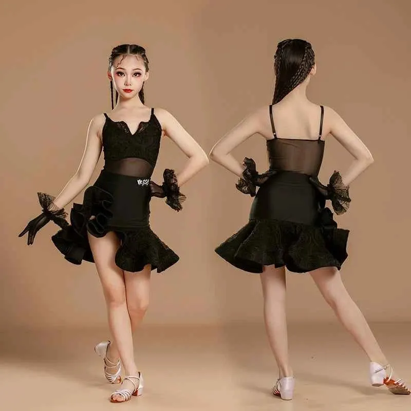 Girls Latin Dance Dresses Black Purple Asymmetrical Skirts Salsa Rumba Dance Costumes for Kids