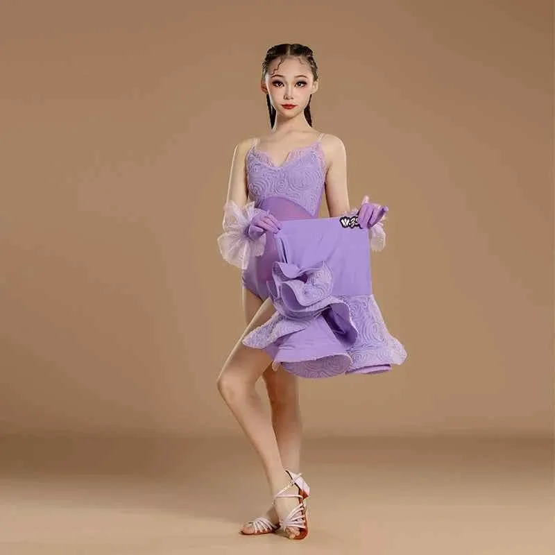 Girls Latin Dance Dresses Black Purple Asymmetrical Skirts Salsa Rumba Dance Costumes for Kids