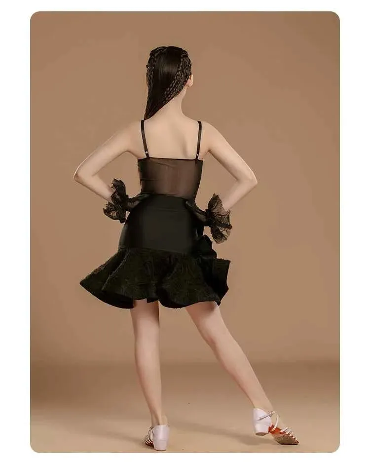 Girls Latin Dance Dresses Black Purple Asymmetrical Skirts Salsa Rumba Dance Costumes for Kids