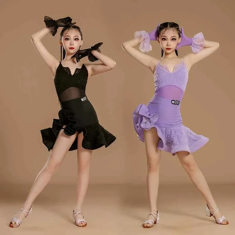 Girls Latin Dance Dresses Black Purple Asymmetrical Skirts Salsa Rumba Dance Costumes for Kids